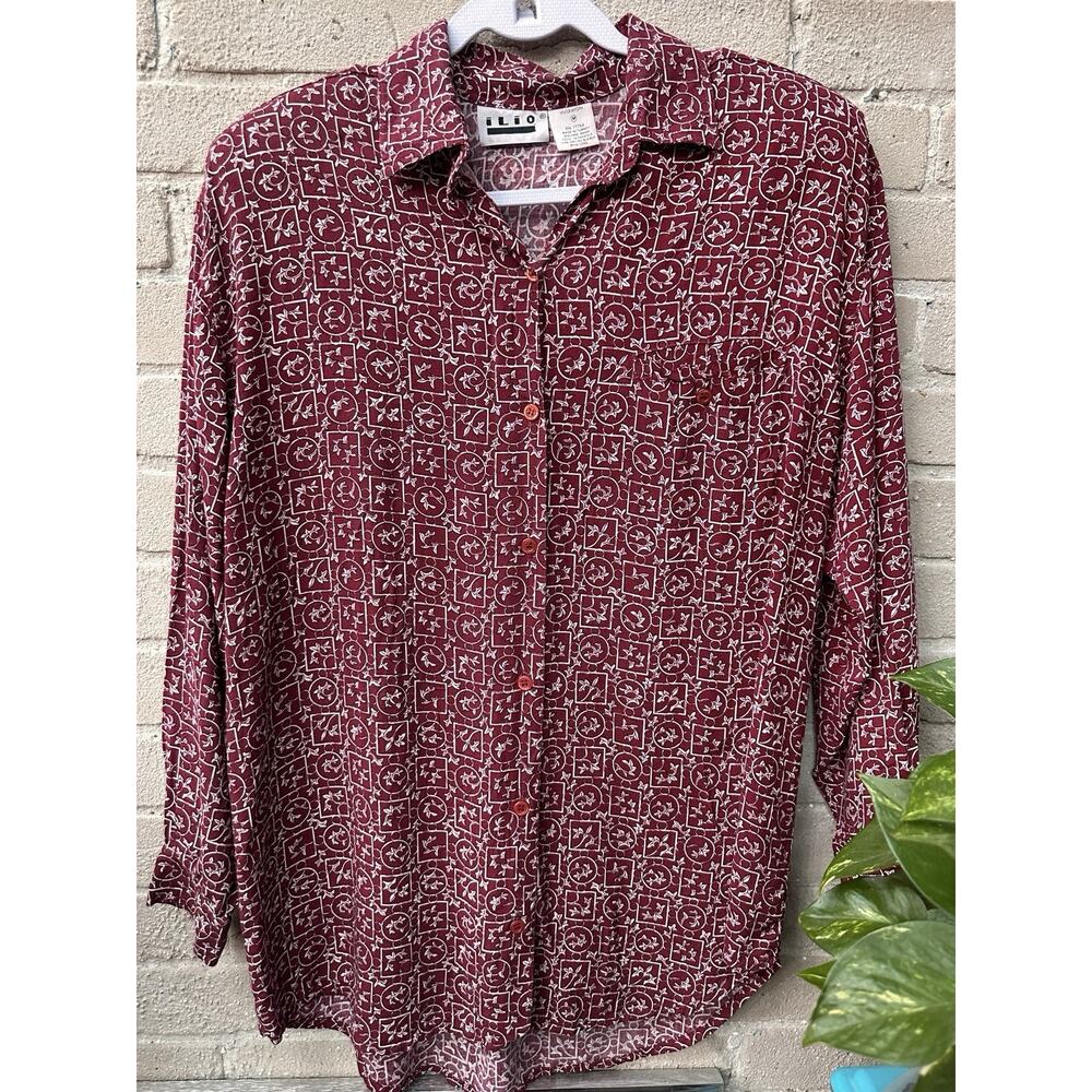 Vintage 80s Ilio Oversized Red White Graphic Button Neck Shirt Blouse M or L